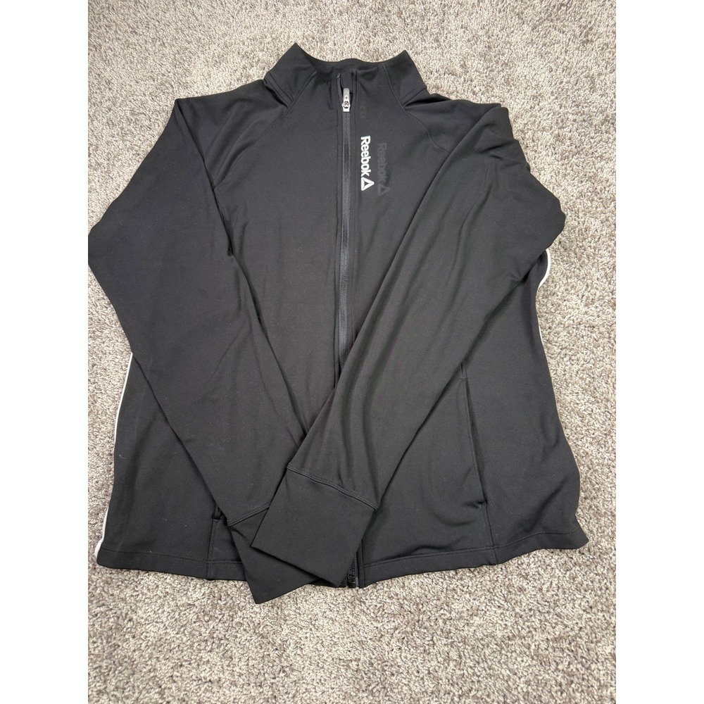 Reebok Full Zip Athletic Jacket Black White Stripe XL Performance Track Top